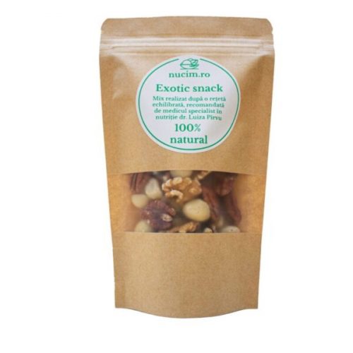 Exotic snack - Contine: nuci Macadamia, nuci Pecan, miez de nuca. Mix realizat după o rețetă echilibrată, recomandată de dr. Luiza Pîrvu