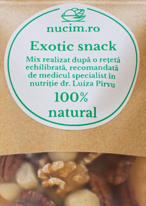 Exotic snack - Contine: nuci Macadamia, nuci Pecan, miez de nuca. Mix realizat după o rețetă echilibrată, recomandată de dr. Luiza Pîrvu