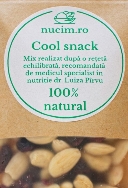 Cool snack - Contine: Merisoare, Caju, Migdale decojiteMix realizat după o rețetă echilibrată, recomandată de dr. Luiza Pîrvu
