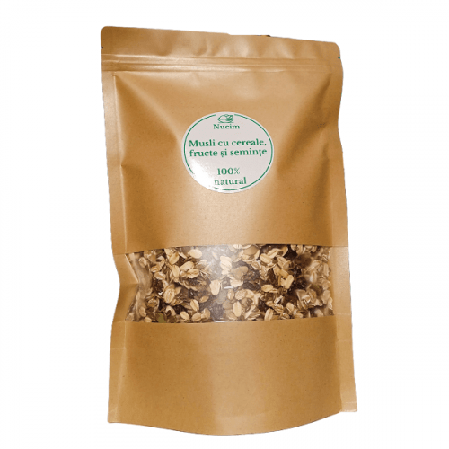 Musli-ul cu cereale, seminte si fructe de la Nucim este varianta ideala, rapida si sanatoasa, pentru micul dejun.